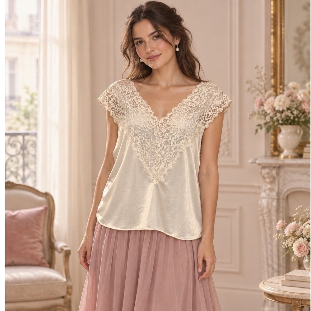 VTG Collections Etc Women Coquette Cottagecore Lace Cami M Cream Fairy Dainty